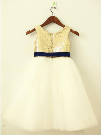 A-Line Round Neck Ivory Flower Girl Dress with Sequins Sash PDP23