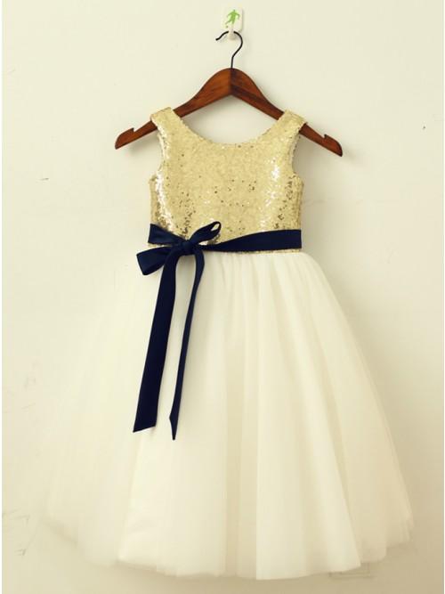 A-Line Round Neck Ivory Flower Girl Dress with Sequins Sash PDP23