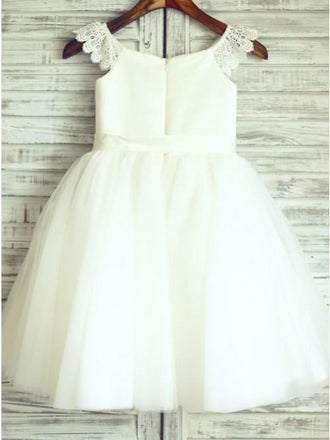 A-Line Round Neck White Flower Girl Dress with Sash Lace PDP26