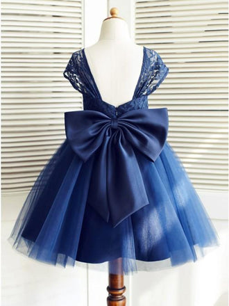 A-Line Square Neck Cap Sleeves Dark Blue Flower Girl Dress with Lace Bowknot PDP16
