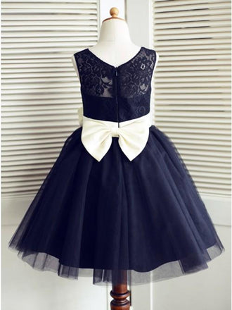 A-Line Round Neck Knee-Length Navy Blue Flower Girl Dress with Bowknot Flower PDP20