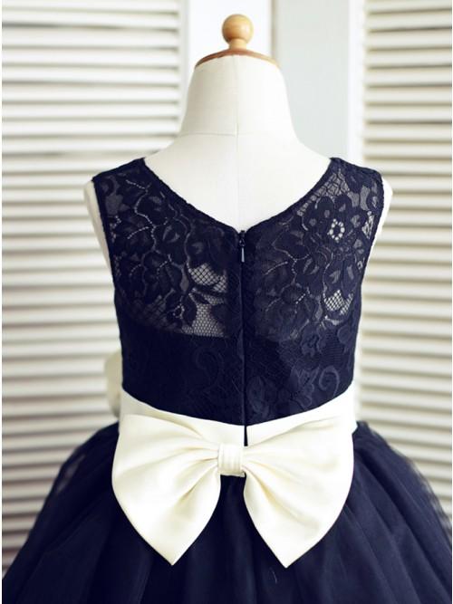 A-Line Round Neck Knee-Length Navy Blue Flower Girl Dress with Bowknot Flower PDP20