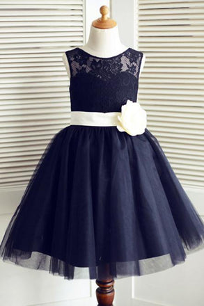 A-Line Round Neck Knee-Length Navy Blue Flower Girl Dress with Bowknot Flower PDP20