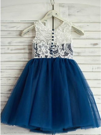A-Line Round Neck Navy Blue Tulle Flower Girl Dress with Lace PDP18