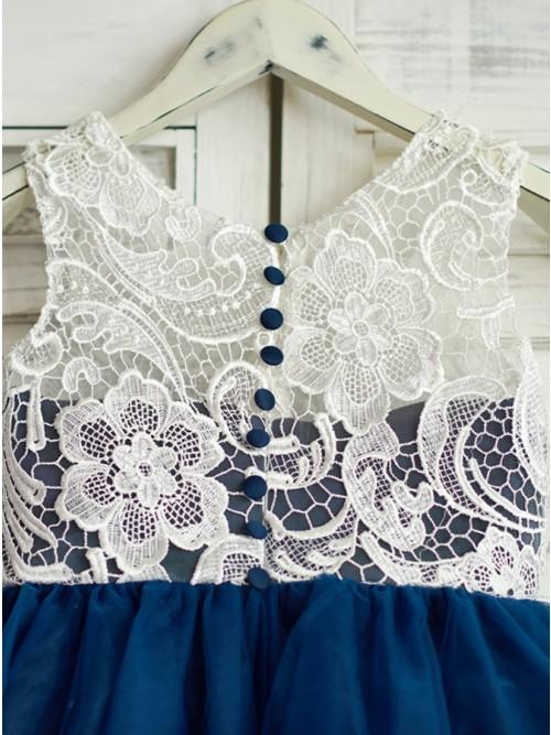 A-Line Round Neck Navy Blue Tulle Flower Girl Dress with Lace PDP18