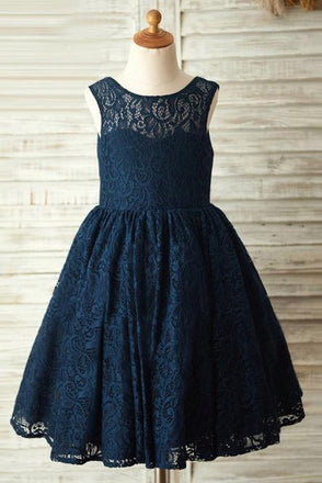 A-Line Round Neck Backless Navy Blue Lace Flower Girl Dress with Bowknot PDP17