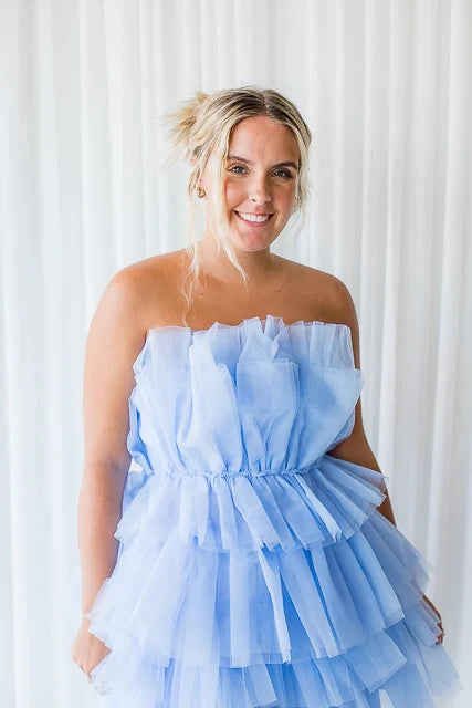 Cute A Line Blue Tulle Tiered Strapless Short Prom Dresses, Homecoming Dress OMH0218