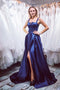 Simple Satin Blue Long Prom Dress A Line Straps Evening Dress PDQ51