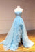 Sky Blue Strapless Tulle Long Prom Dress A Line Evening Dress With Slit PDS623