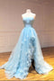 Sky Blue Strapless Tulle Long Prom Dress A Line Evening Dress With Slit PDS623