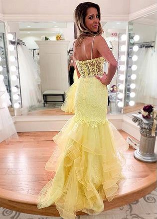 Spaghetti straps daffodil lace mermaid prom evening dress with ruffles mg158