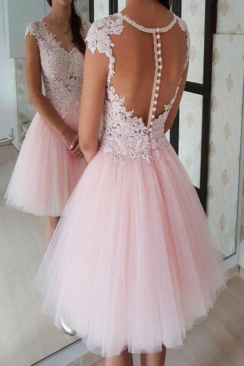 Pink V Neck Lace Appliques Homecoming Dress, A-Line Short Prom Dress PDO69