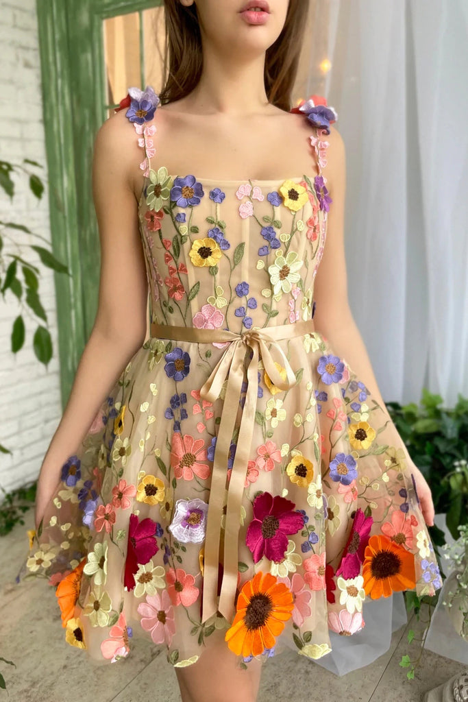 Cute 3D Flower Floral Lace Short Prom Dresses A Line Tulle Homecoming Dresses OMH0070
