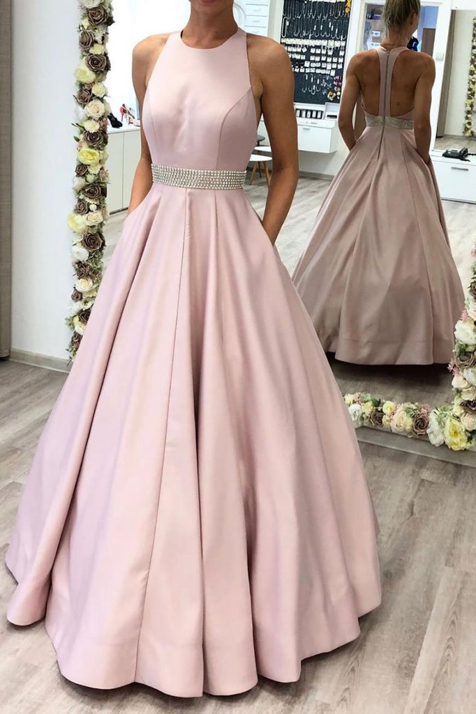 A Line Pink Beading Satin Long Prom Dress With Pockets PDS61