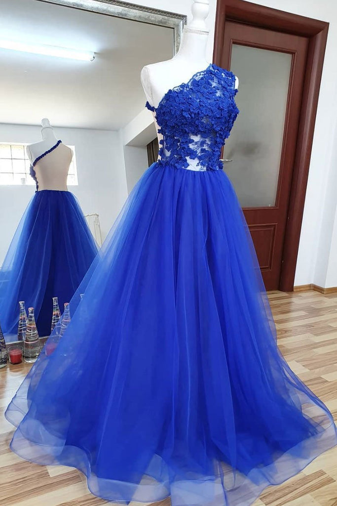 A Line Tulle Lace Long Prom Dress Royal Blue Formal Evening Dress PDQ36