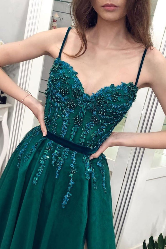 Green A Line Tulle Spaghetti Straps Beaded Long Prom Dress PDP76