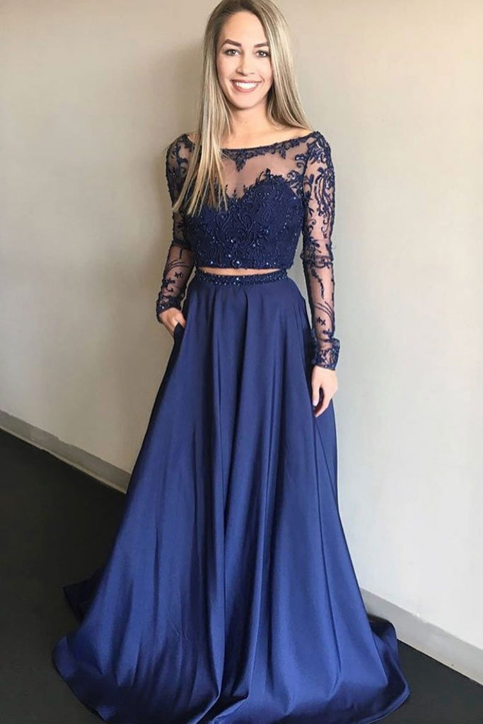 Royal Blue Two Pieces A Line Long Sleeves Appliques Prom Dress