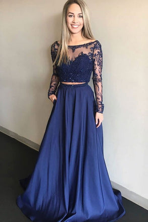 Royal Blue Two Pieces A Line Long Sleeves Appliques Prom Dress With Pockets PDP77
