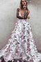 Charming A Line Floral Spaghetti Straps V neck Long Prom Dress, Evening Party Dress OM0247