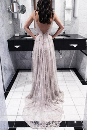 Charming A-Line Spaghetti Straps Backless Long Prom Dress with Appliques PDH38