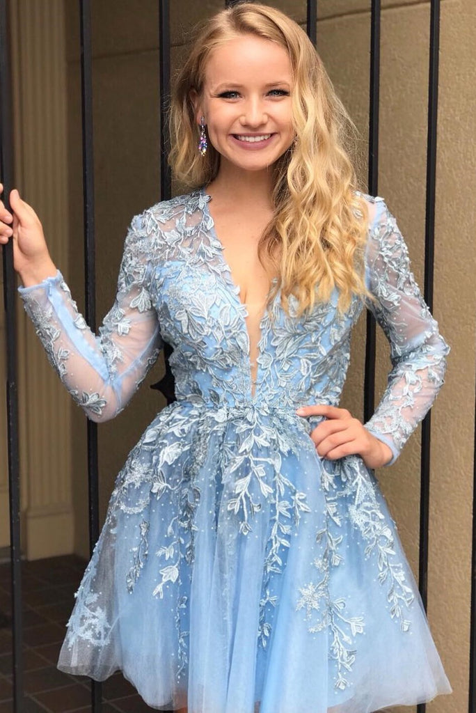 A Line Lace Appliqued Short Blue Homecoming Dress with Long Sleeves PDO29