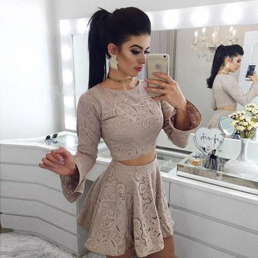 Two Piece A-Line Long Sleeves Lace Short Homecoming Dress PPD14