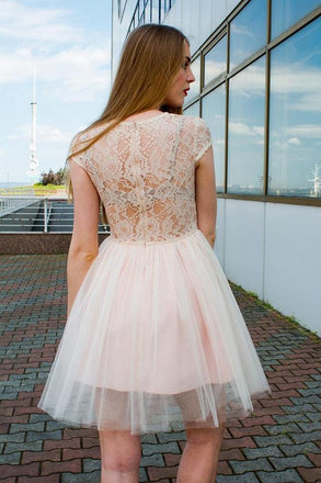 Jewel Neck Lace Top Tulle Cap Sleeves Homecoming Dress PDN38