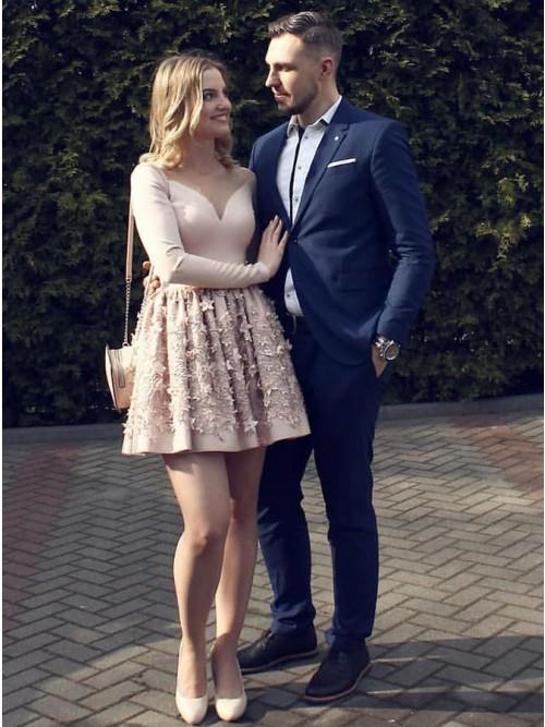 A-line Nude Long Sleeve Short Homecoming Party Dress with Flowers PDO57