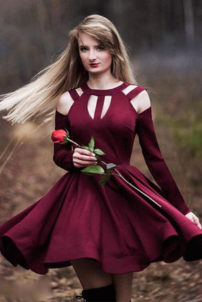 A Line Long Sleeves Short Burgundy Homecoming Dress PDN39