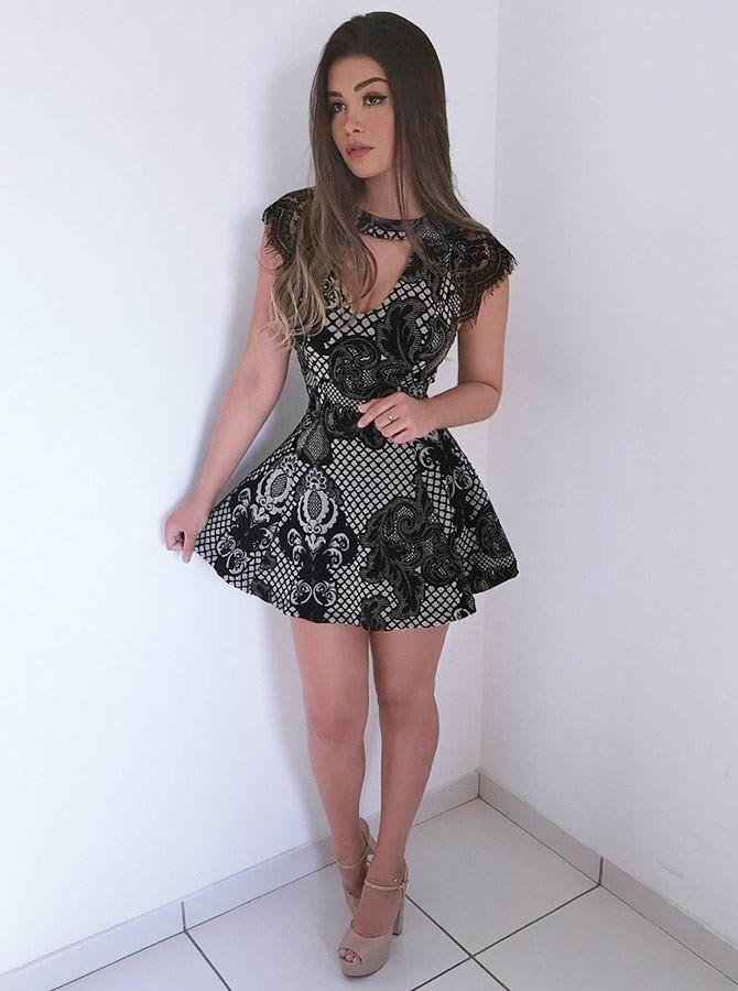 Jewel Short Mini Dress Cap Sleeve Black Lace Appliques Party Dress PPD41