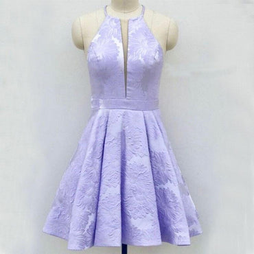 A-Line Above-Knee Lilac Satin Printed Homecoming Dress with Pockets PPD15