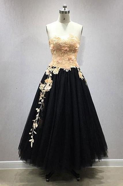 A Line Tulle Lace Appliqued Long Black Prom Dress PDO52