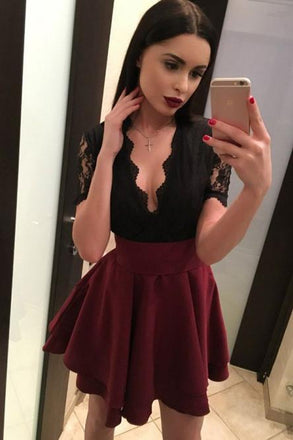 Black and Red Cut Top Deep V Neck Homecoming Dress with Short Sleeves PDO76