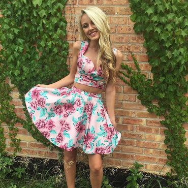 Two Piece Straps Floral Printed Cute Homecoming Dress PPD21