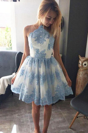 Halter A Line Lace Appliques Short Sky Blue Homecoming Dress PDO26