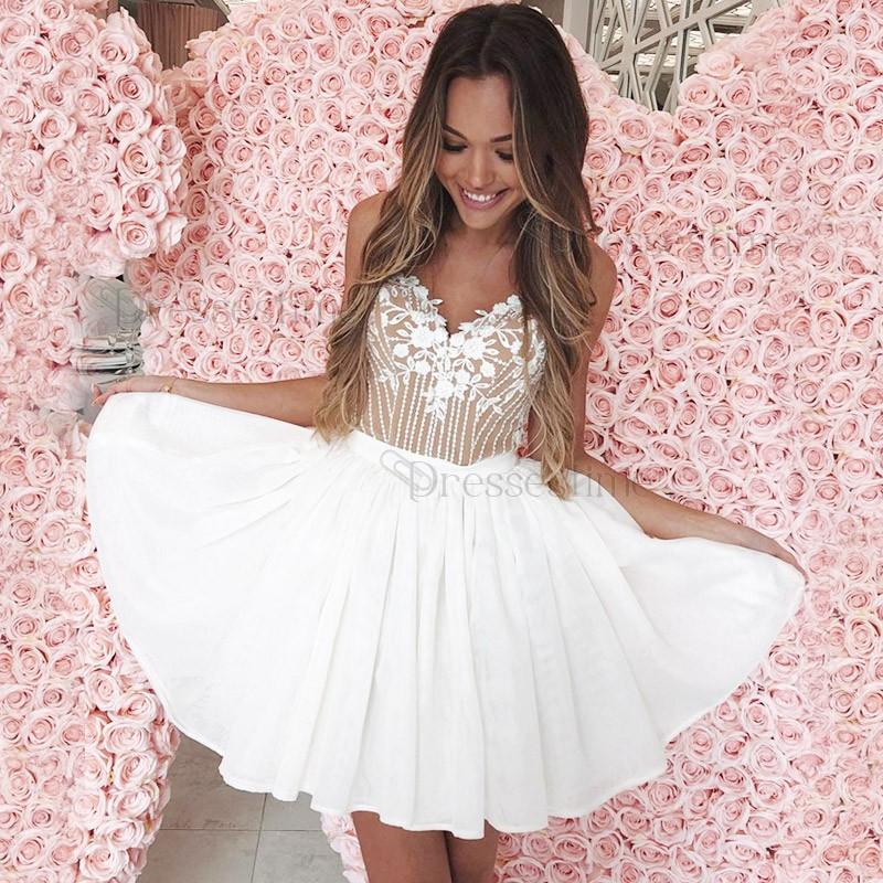 A-Line Spaghetti Straps White Homecoming Dress with Lace Appliques PPD5