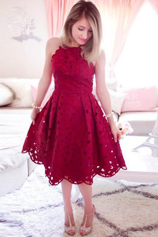 Halter Lace Knee Length Red A Line Homecoming Dress PDO28