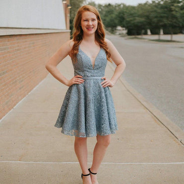 A-Line Spaghetti Straps Backless Blue Lace Homecoming Dress PPD13