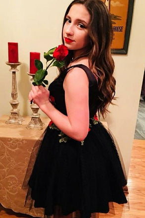 Fit & Flare Little Black Floral Homecoming Dress PDO33