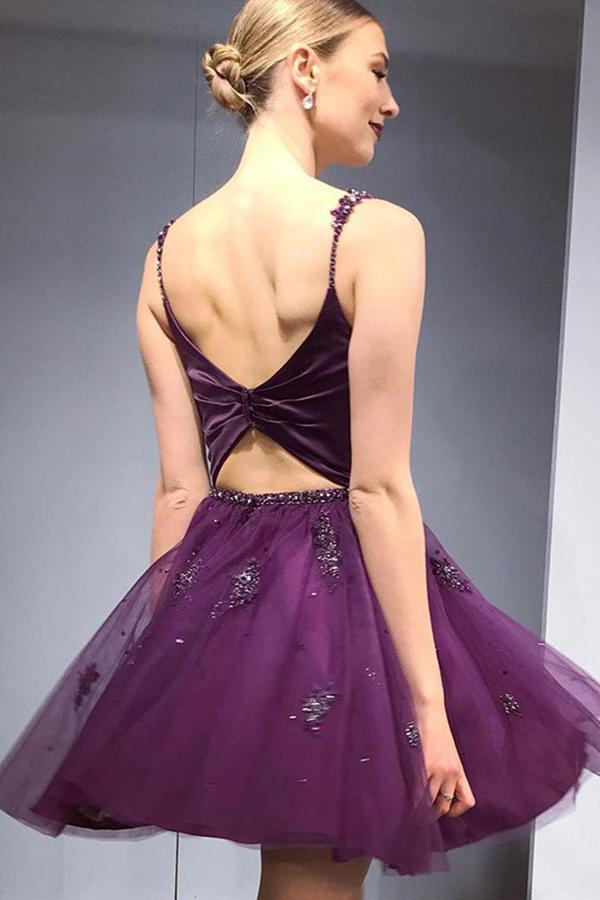 Spaghetti Straps Two Piece Purple Homecoming Dress with Beading PDO32 trendtydresses Spaghetti Straps Two Piece Purple Homecoming Dress with Beading PDO32 trendtydresses