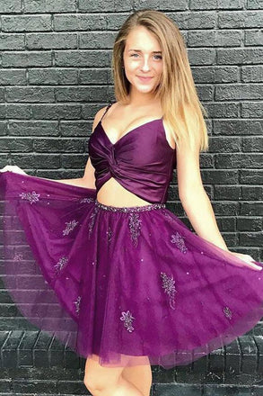 Spaghetti Straps Two Piece Purple Homecoming Dress with Beading PDO32