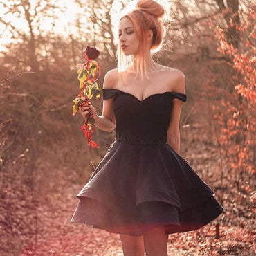 A Line Off The Shoulder Black Short Homecoming Dress PPD10