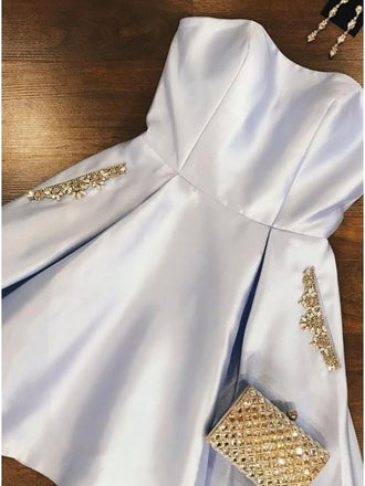 Elegant Strapless Pink Satin Homecoming Dress with Beading Pockets PDO40