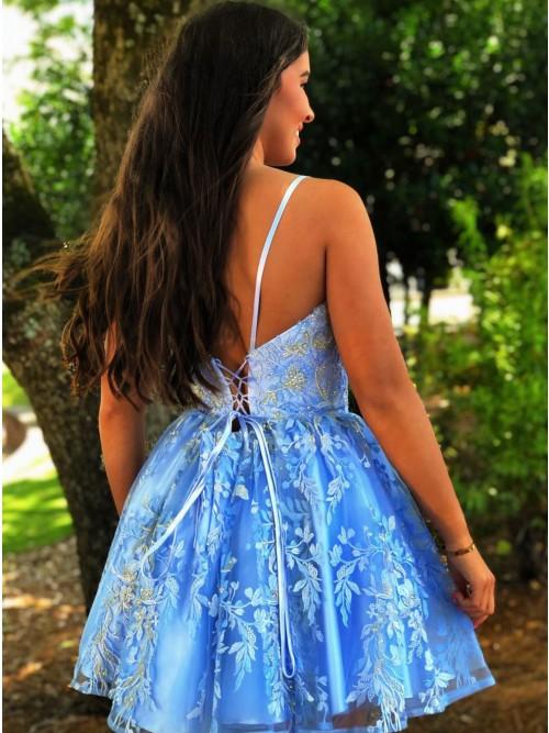 A Line Spaghetti Straps Blue Homecoming Dress With Appliques PDO35