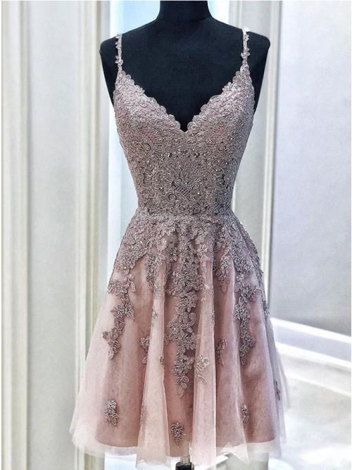 V-Neck Short Prom Homecoming Dress with Appliques Beading PDO36