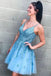 Modest A-Line Blue V-neck  Homecoming Dress with Appliques PDO37