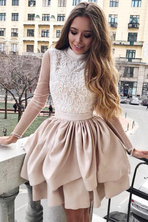 A Line High Neck Long Sleeves Satin Champagne Short Homecoming Dress with Appliques SK35
