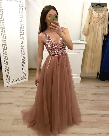 A Line V Neck Tulle Long Beaded Prom Dress, Cheap Evening Gown PDH57