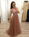 A Line V Neck Tulle Long Beaded Prom Dress, Cheap Evening Gown PDH57