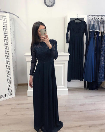 Elegant A Line Long Sleeve Chiffon Navy Blue Appliques Prom Dresses PDH58